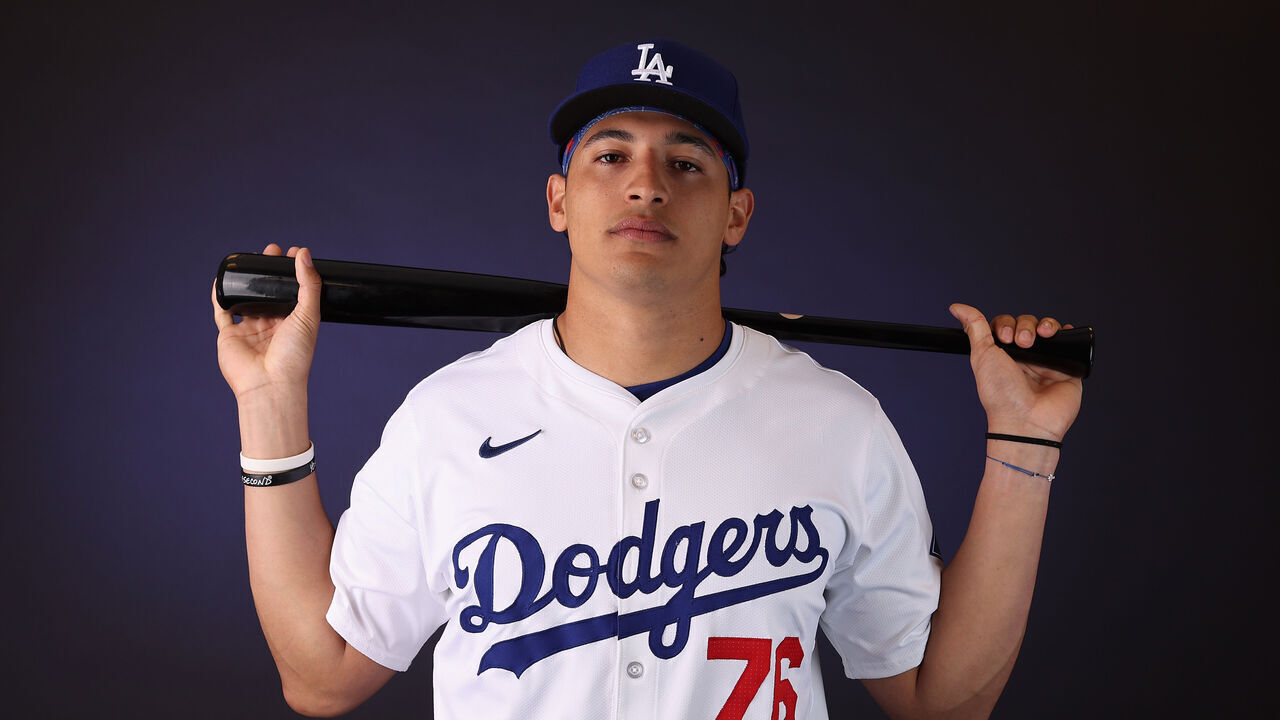 GLENDALE, ARIZONA - FEBRUARY 21: Diego Cartaya #76 of the Los Angeles Dodgers poses for a portrait during photo day at Camelback Ranch on February 21, 2024 in Glendale, Arizona.