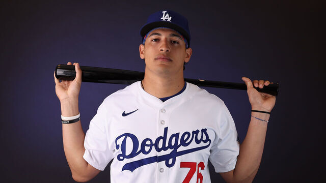 GLENDALE, ARIZONA - FEBRUARY 21: Diego Cartaya #76 of the Los Angeles Dodgers poses for a portrait during photo day at Camelback Ranch on February 21, 2024 in Glendale, Arizona.