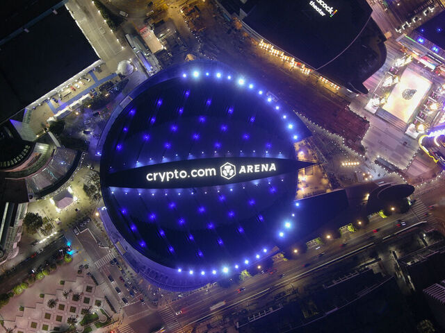 LOS ANGELES, CALIFORNIA - NOVEMBER 27: A general overall aerial view of the Crypto.com Arena on November 27, 2024 in Los Angeles, California.