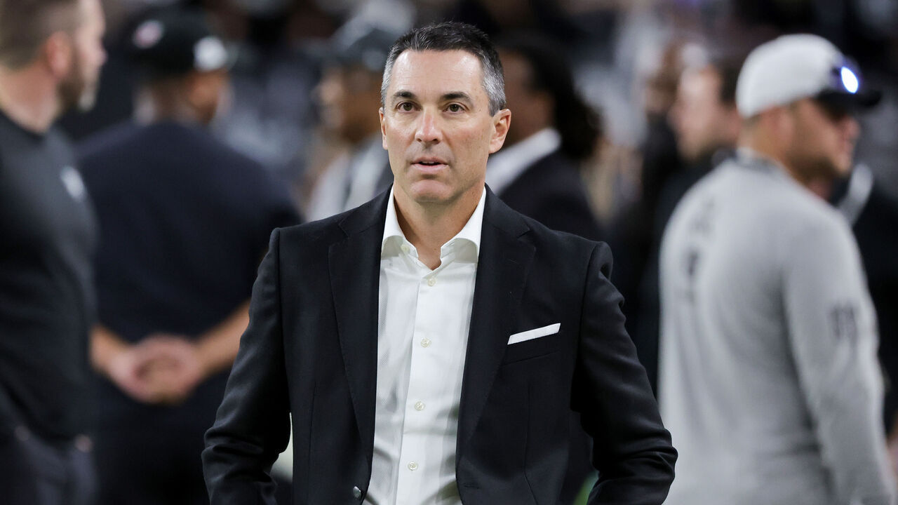 LAS VEGAS, NEVADA - DECEMBER 16: General manager Tom Telesco of the Las Vegas Raiders walks on the field before the team's game against the Atlanta Falcons at Allegiant Stadium on December 16, 2024 in Las Vegas, Nevada. The Falcons defeated the Raiders 15-9.