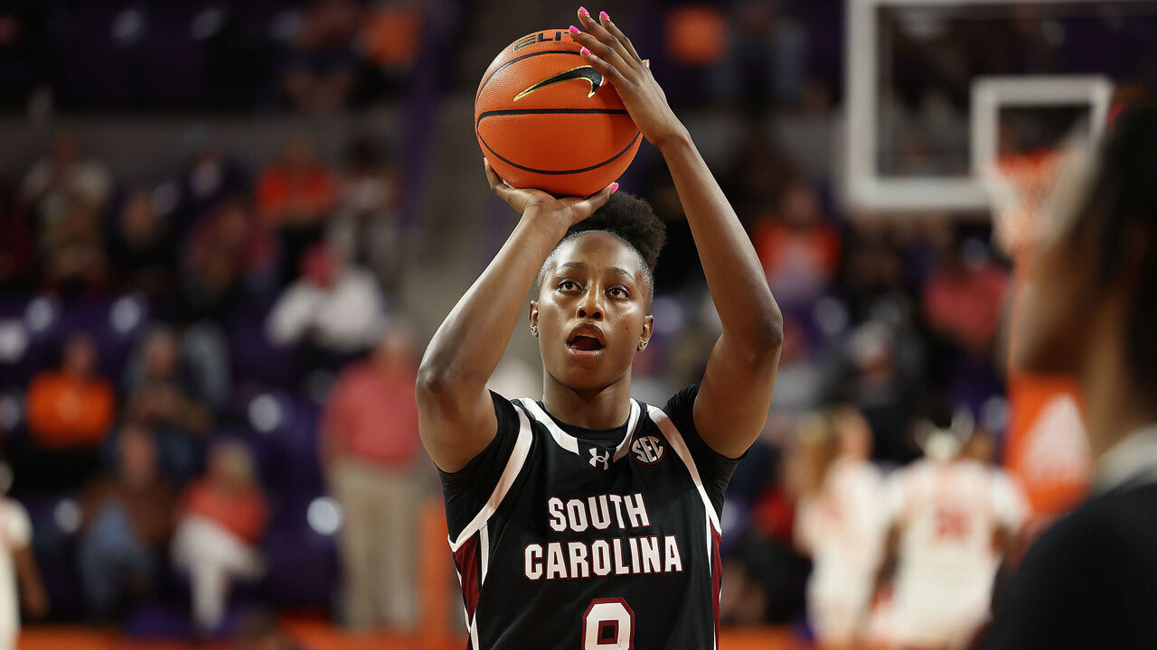 CLEMSON, SC - NOVEMBER 20: South Carolina Gamecocks forward Joyce Edwards (8) during a women's college basketball game between the South Carolina Gamecocks and the Clemson Tigers on November 20, 2024 in Littlejohn Coliseum at Clemson, S.C.
