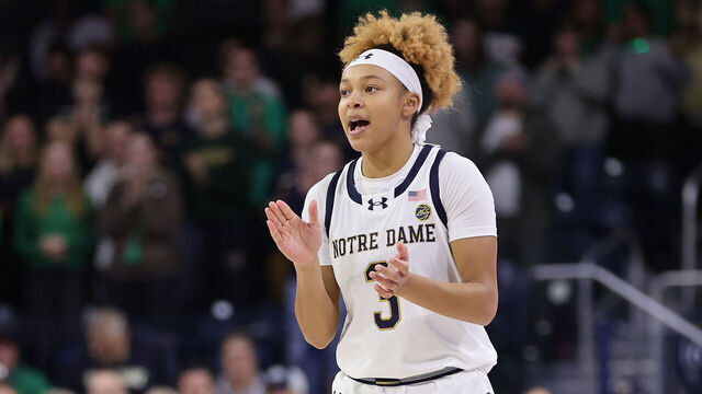 SOUTH BEND, INDIANA - DECEMBER 05: Hannah Hidalgo #3 of the Notre Dame Fighting Irish reacts against the Texas Longhorns during the second half at Purcell Pavilion at the Joyce Center on December 05, 2024 in South Bend, Indiana.