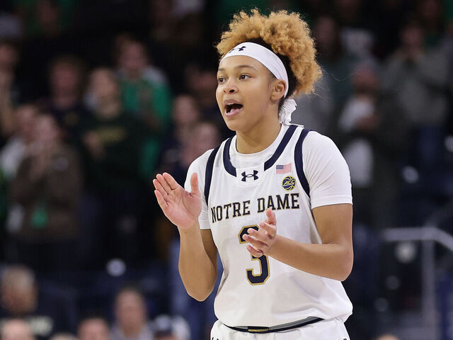 SOUTH BEND, INDIANA - DECEMBER 05: Hannah Hidalgo #3 of the Notre Dame Fighting Irish reacts against the Texas Longhorns during the second half at Purcell Pavilion at the Joyce Center on December 05, 2024 in South Bend, Indiana.