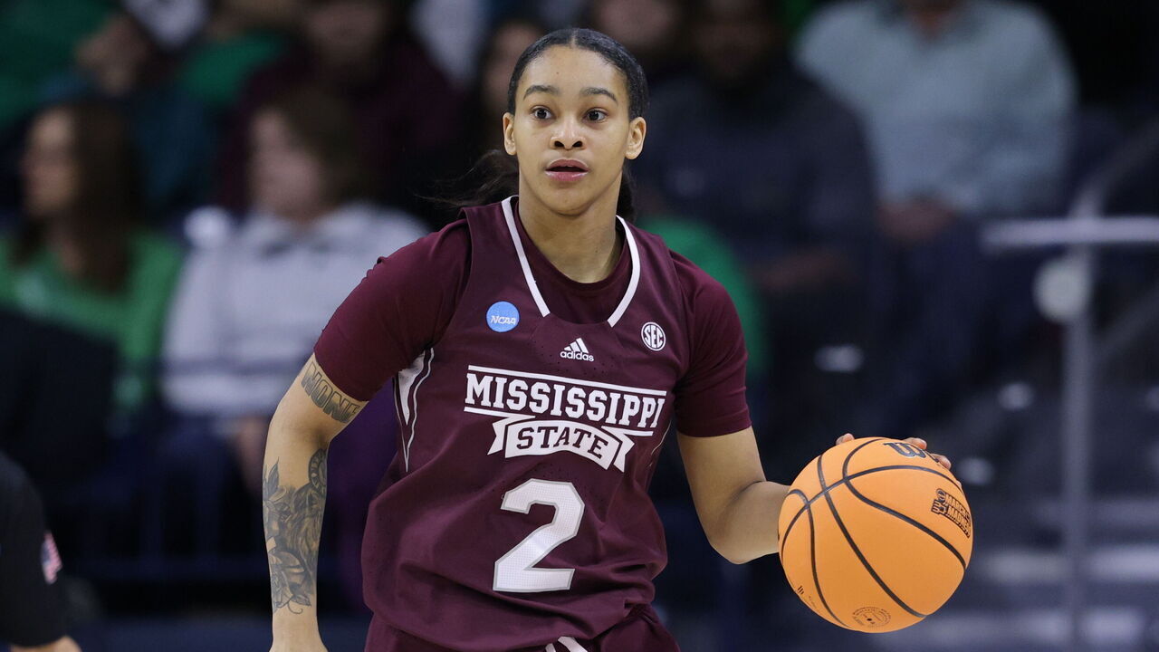 SOUTH BEND, IN - MARCH 19: JerKaila Jordan #2 of the Mississippi State Bulldogs dribbles the ball down court in the game against the Notre Dame Fighting Irish during the second round of the 2023 NCAA Women's Basketball Tournament held at Purcell Pavilion on March 19, 2023 in South Bend, Indiana.