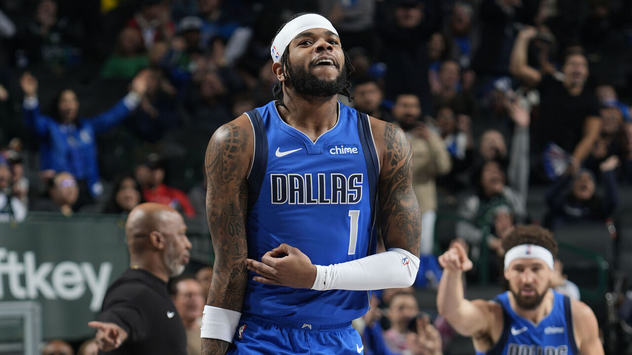 DALLAS, TX - JANUARY 9: Jaden Hardy #1 of the Dallas Mavericks celebrates during the game against the Portland Trail Blazers on January 9, 2025 at American Airlines Center in Dallas, Texas. Mandatory Copyright Notice: Copyright 2025 NBAE