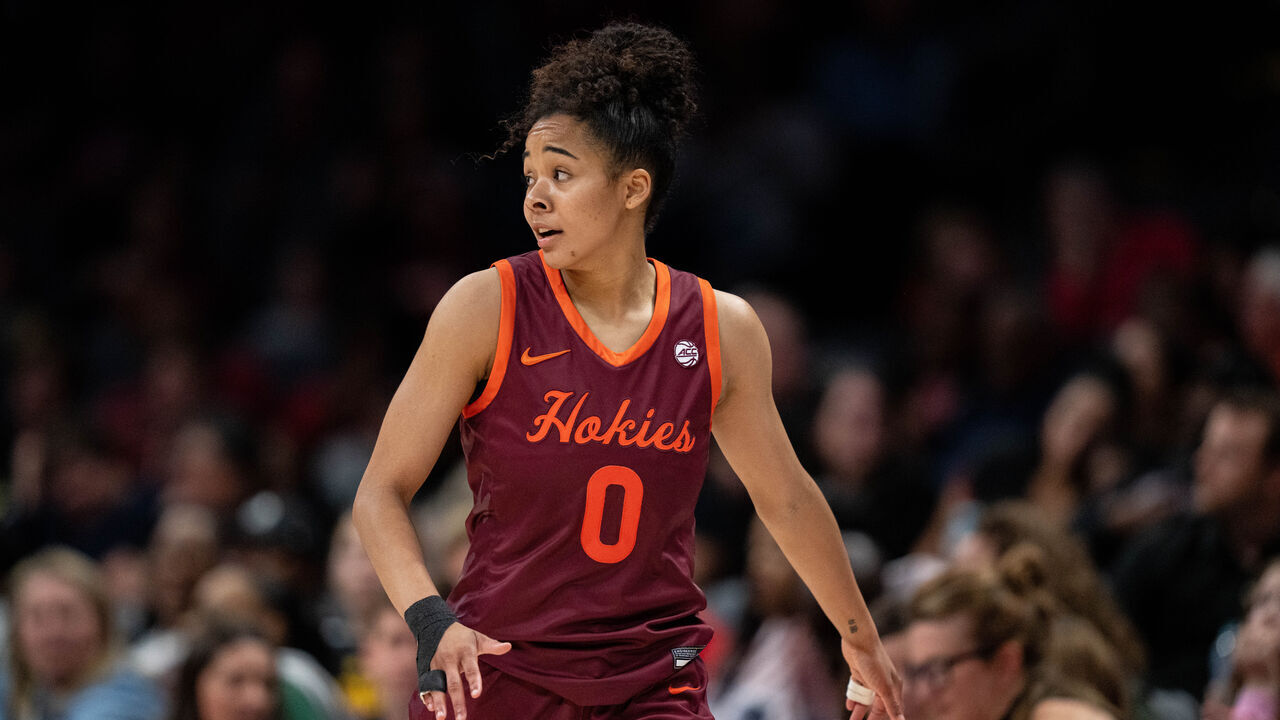 CHARLOTTE, NORTH CAROLINA - NOVEMBER 10: Lani White #0 of the Virginia Tech Hokies looks on against the Iowa Hawkeyes during their game at the Spectrum Center on November 10, 2024 in Charlotte, North Carolina.