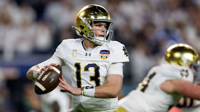 MIAMI GARDENS, FL - JANUARY 09: Quarterback Riley Leonard #13 of the Notre Dame Fighting Irish gets ready to throw the ball during the game between the Penn State Nittany Lions versus Notre Dame Fighting Irish College Football Playoff Semifinal at the Capital One Orange Bowl on January 9, 2025, at Hard Rock Stadium in Miami Gardens, FL.