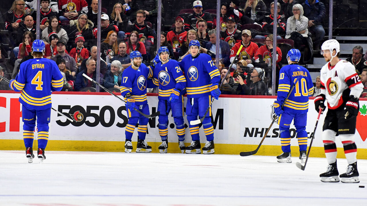 OTTAWA, ONTARIO - JANUARY 09: Bowen Byram #4, Henri Jokiharju #10,Tage Thompson #72 and Jason Zucker #17 of the Buffalo Sabres celebrate with teammate Dylan Cozens #24 after Cozens scored a goal in the second period against the Ottawa Senators at Canadian Tire Centre on January 09, 2025 in Ottawa, Ontario.