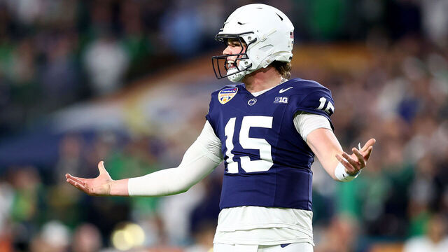 MIAMI GARDENS, FLORIDA - JANUARY 09: Drew Allar #15 of the Penn State Nittany Lions reacts during the first quarter against the Notre Dame Fighting Irish in the Capital One Orange Bowl at Hard Rock Stadium on January 09, 2025 in Miami Gardens, Florida.