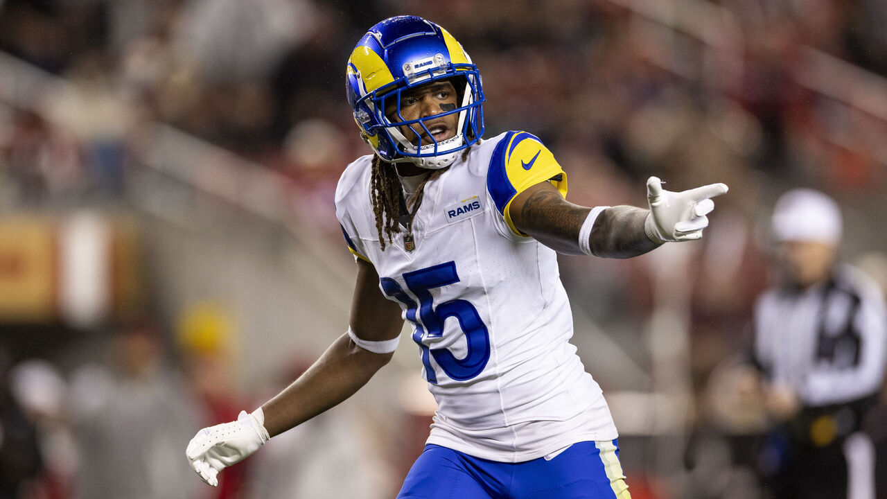 SANTA CLARA, CALIFORNIA - DECEMBER 12: Demarcus Robinson #15 of the Los Angeles Rams signals as he lines up during an NFL Football game against the San Francisco 49ers at Levi's Stadium on December 12, 2024 in Santa Clara, California.