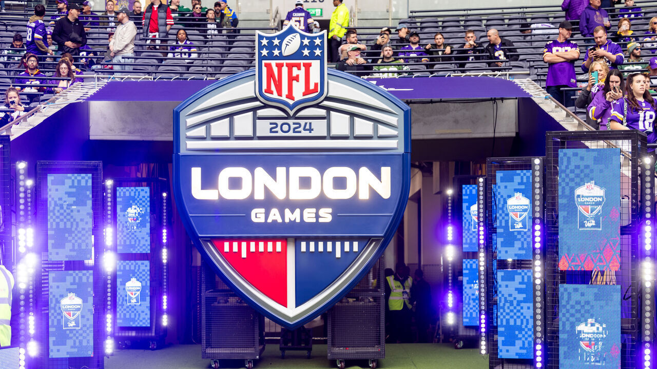 LONDON, ENG - OCTOBER 06: The NFL London Games logo before the professional NFL football game between the New York Jets and Minnesota Vikings on October 6, 2024 at Tottenham Hotspur Stadium in London, England.