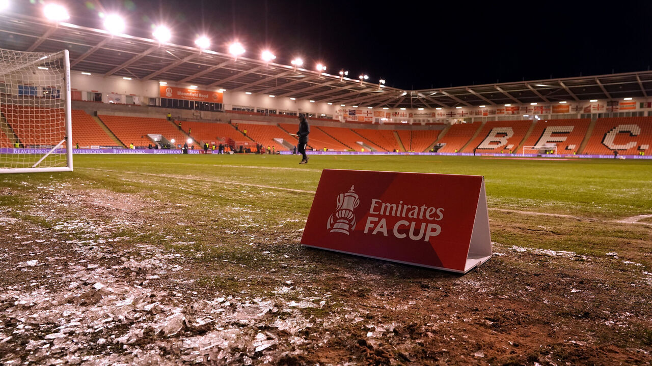 A general view of the frozen ground pitch side ahead of the Emirates FA Cup Third Round replay at Bloomfield Road, Blackpool. Picture date: Wednesday January 17, 2024.