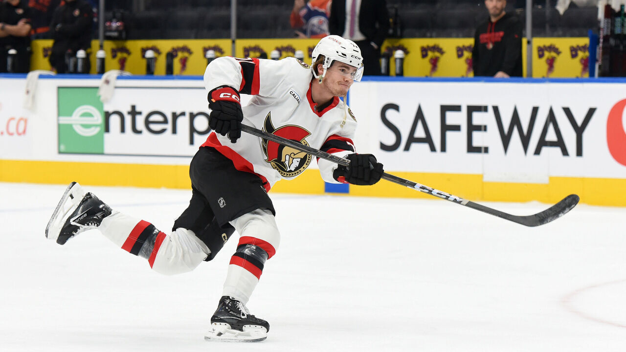 EDMONTON, CANADA - DECEMBER 22: Ridly Greig #71 of the Ottawa Senators warms up prior to the game against the Edmonton Oilers at Rogers Place on December 22, 2024, in Edmonton, Alberta, Canada.