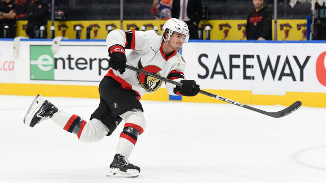 EDMONTON, CANADA - DECEMBER 22: Ridly Greig #71 of the Ottawa Senators warms up prior to the game against the Edmonton Oilers at Rogers Place on December 22, 2024, in Edmonton, Alberta, Canada.