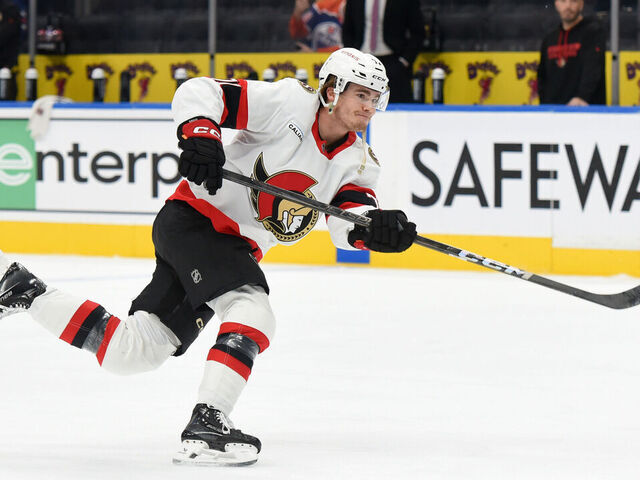 EDMONTON, CANADA - DECEMBER 22: Ridly Greig #71 of the Ottawa Senators warms up prior to the game against the Edmonton Oilers at Rogers Place on December 22, 2024, in Edmonton, Alberta, Canada.