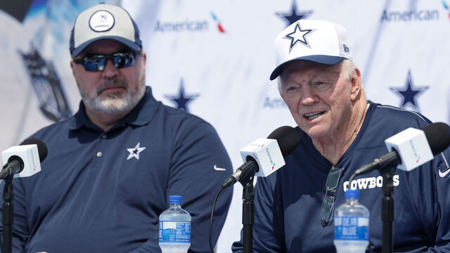 OXNARD, CA - JULY 25: Dallas Cowboys owner Jerry Jones and head coach Mike McCarthy talk to the media during the team's training camp at River Ridge Playing Fields on July 25, 2024 in Oxnard, CA.