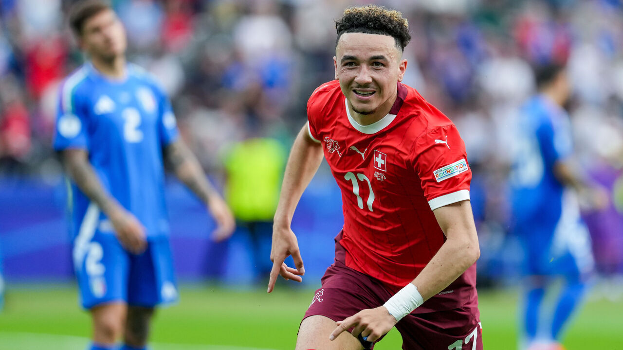 BERLIN, GERMANY - JUNE 29: Ruben Vargas #17 of Switzerland celebrates his goal during the UEFA EURO 2024 Round 16 match between Italy and Switzerland at Olympiastadion on June 29, 2024 in Berlin, Germany.