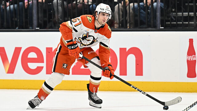 SALT LAKE CITY, UTAH - DECEMBER 22: Cutter Gauthier #61 of the Anaheim Ducks skates against the Utah Hockey Club on December 22, 2024 at Delta Center in Salt Lake City, Utah.