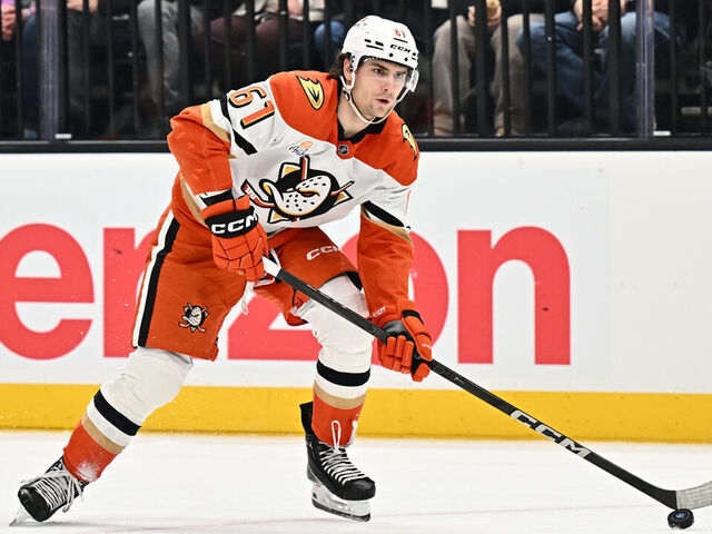 SALT LAKE CITY, UTAH - DECEMBER 22: Cutter Gauthier #61 of the Anaheim Ducks skates against the Utah Hockey Club on December 22, 2024 at Delta Center in Salt Lake City, Utah.