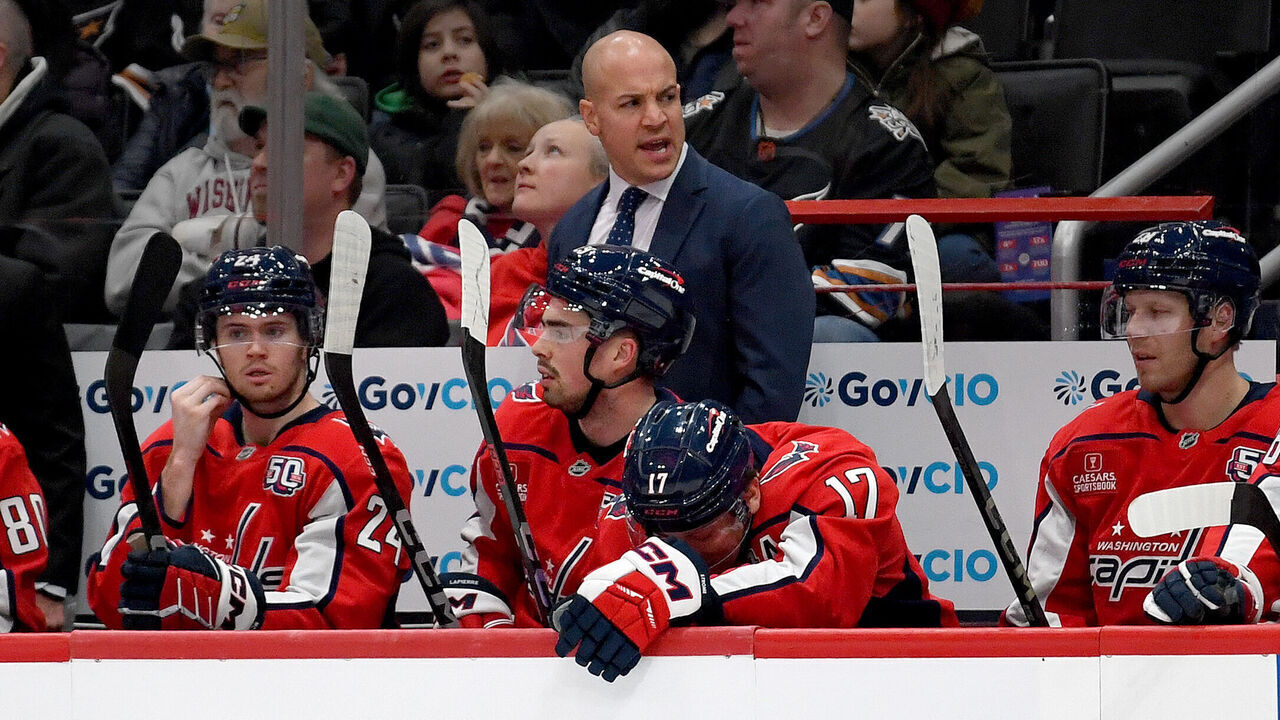 WASHINGTON, DC - DECEMBER 14: Capitals head coach Spencer Carbery coaches from the bench during the Buffalo Sabres versus Washington Capitals National Hockey League game on December 14, 2024 at Capital One Arena in Washington, D.C..