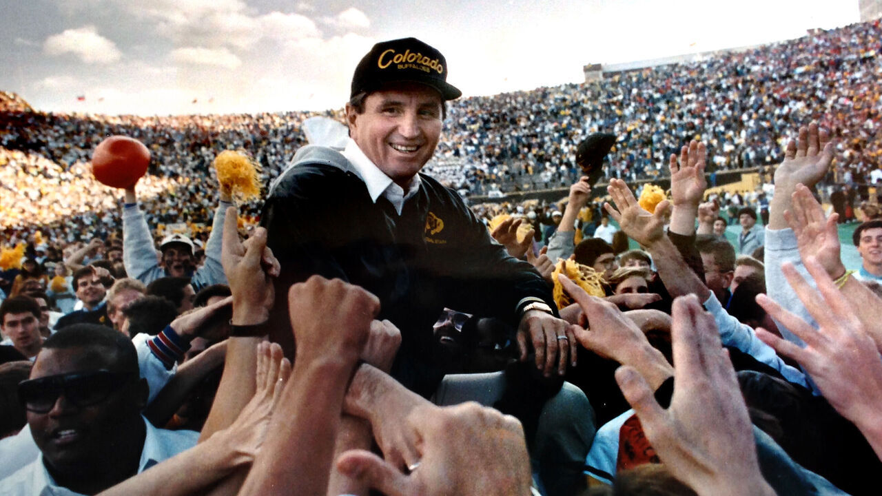 University of Colorado Head Football Coach Bill McCartney is carried off the field after a win against Nebraska in the 1989 season.