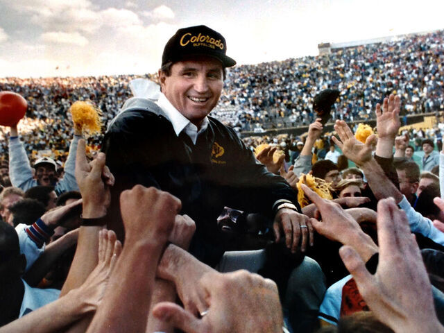 University of Colorado Head Football Coach Bill McCartney is carried off the field after a win against Nebraska in the 1989 season.