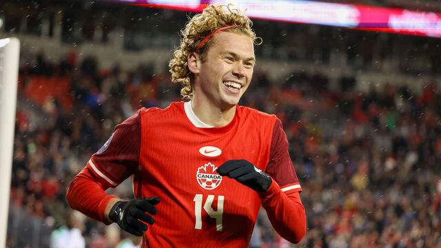 Jacob Shaffelburg #14 celebrates his second goal at the CONCACAF Nations League Quarter Final Match between Team Canada and Suriname at BMO Field in Toronto, Ontario, Canada, on November 19, 2024.