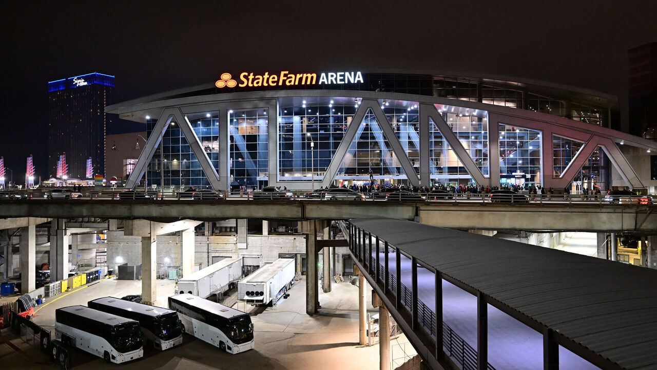 ATLANTA, GA - DECEMBER 26: An exterior view of the venue before an NBA basketball game between the Chicago Bulls and the Atlanta Hawks on December 26, 2024 at State Farm Arena in Atlanta, Georgia. NOTE TO USER: User expressly acknowledges and agrees that, by downloading and/or using this Photograph, user is consenting to the terms and conditions of the Getty Images License Agreement. Mandatory Copyright Notice: Copyright 2024 NBAE