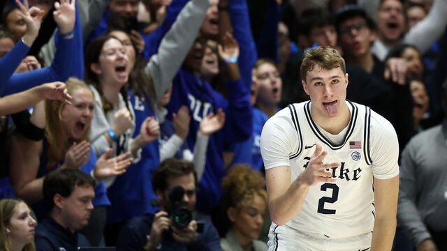 DURHAM, NORTH CAROLINA - JANUARY 11: Cooper Flagg #2 of the Duke Blue Devils reacts following a three point basket during the first half of the game against the Notre Dame Fighting Irish at Cameron Indoor Stadium on January 11, 2025 in Durham, North Carolina.
