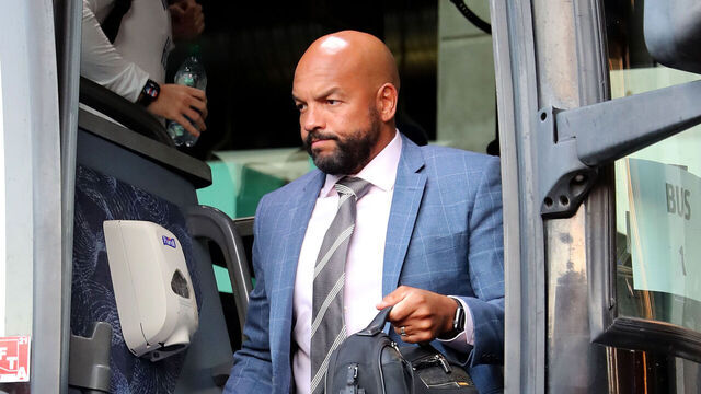 TUCSON, AZ - OCTOBER 22: University of Washington Huskies head coach Jimmy Lake getting off the bus prior to a football game between the University of Washington Huskies and the University of Arizona Wildcats on October 22, 2021 at Arizona Stadium in Tucson, AZ.