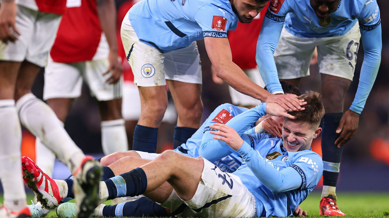 MANCHESTER, ENGLAND - JANUARY 11: James McAtee of Manchester City scores a goal to make it 8-0 and his hat trick during the Emirates FA Cup Third Round match between Manchester City and Salford City at Etihad Stadium on January 11, 2025 in Manchester, England.