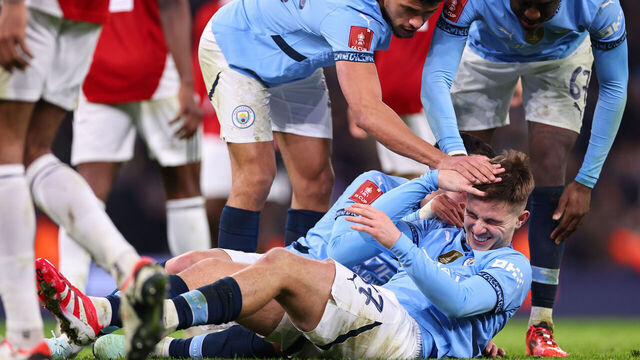 MANCHESTER, ENGLAND - JANUARY 11: James McAtee of Manchester City scores a goal to make it 8-0 and his hat trick during the Emirates FA Cup Third Round match between Manchester City and Salford City at Etihad Stadium on January 11, 2025 in Manchester, England.