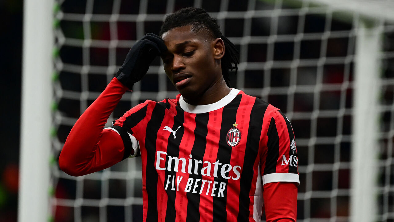 AC Milan's Portuguese forward #10 Rafael Leao reacts as he leaves the pitch during the Italian Serie A football match between AC Milan and Cagliari at the San Siro Stadium in Milan, Italy on January 11, 2025.