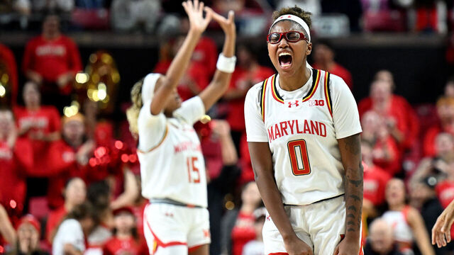 COLLEGE PARK, MARYLAND - JANUARY 08: Shyanne Sellers #0 of the Maryland Terrapins celebrates during the game against the USC Trojans at Xfinity Center on January 08, 2025 in College Park, Maryland.
