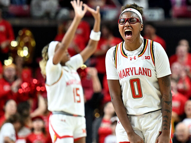 COLLEGE PARK, MARYLAND - JANUARY 08: Shyanne Sellers #0 of the Maryland Terrapins celebrates during the game against the USC Trojans at Xfinity Center on January 08, 2025 in College Park, Maryland.