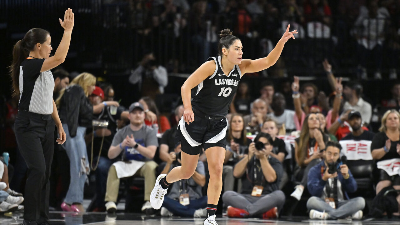 LAS VEGAS, NV - SEPTEMBER 24: Kelsey Plum #10 of the Las Vegas Aces looks on during the game during Round one Game two of the 2024 WNBA Playoffs on September 24, 2024 at Michelob ULTRA Arena in Las Vegas, Nevada. Mandatory Copyright Notice: Copyright 2024 NBAE