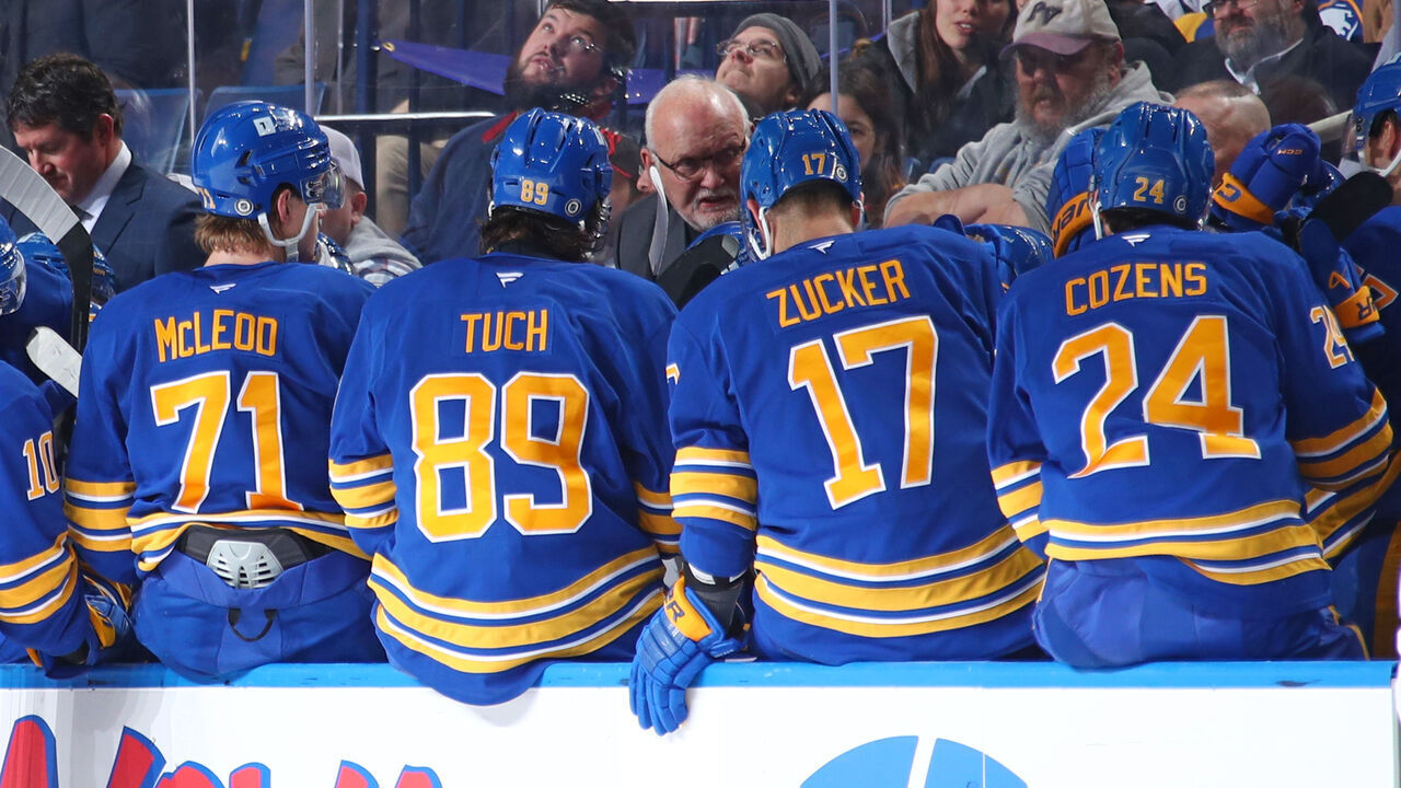 BUFFALO, NEW YORK - DECEMBER 3: Buffalo Sabres head coach Lindy Ruff talks to his team after a timeout during an NHL game against the Colorado Avalanche on December 3, 2024 at KeyBank Center in Buffalo, New York.