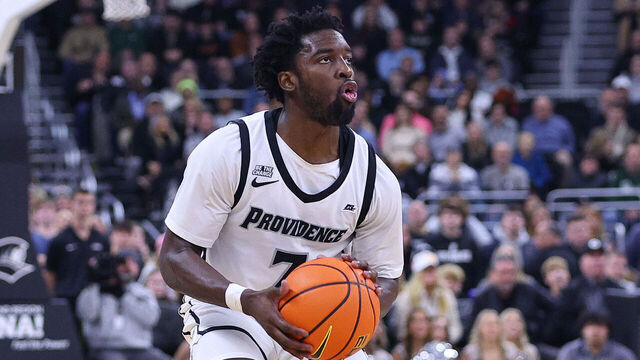 PROVIDENCE, RI - JANUARY 11: Providence Friars guard Bensley Joseph (7) pulls up for a three point shot during the college basketball game between Seton Hall Pirates and Providence Friars on January 11, 2025, at Amica Mutual Pavilion in Providence, RI.