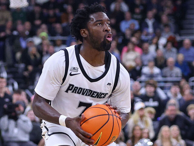 PROVIDENCE, RI - JANUARY 11: Providence Friars guard Bensley Joseph (7) pulls up for a three point shot during the college basketball game between Seton Hall Pirates and Providence Friars on January 11, 2025, at Amica Mutual Pavilion in Providence, RI.
