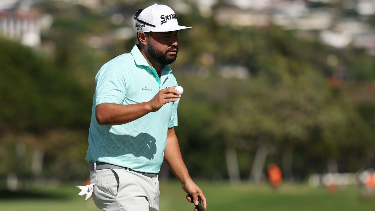 HONOLULU, HAWAII - JANUARY 11: J.J. Spaun of the United States reacts after finishing on the 18th green during the third round of the Sony Open in Hawaii 2025 at Waialae Country Club on January 11, 2025 in Honolulu, Hawaii.