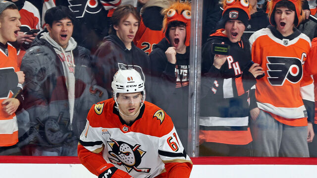 PHILADELPHIA, PENNSYLVANIA - JANUARY 11: Cutter Gauthier #61 of the Anaheim Ducks skates during warmups prior to his game against the Philadelphia Flyers at the Wells Fargo Center on January 11, 2025 in Philadelphia, Pennsylvania.