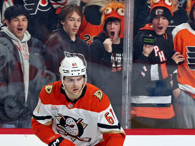 PHILADELPHIA, PENNSYLVANIA - JANUARY 11: Cutter Gauthier #61 of the Anaheim Ducks skates during warmups prior to his game against the Philadelphia Flyers at the Wells Fargo Center on January 11, 2025 in Philadelphia, Pennsylvania.