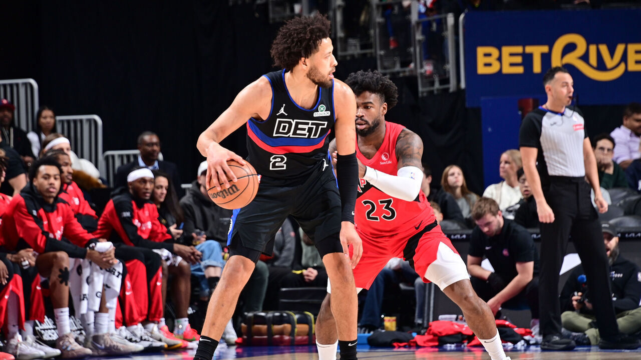 DETROIT, MI - JANUARY 11: Cade Cunningham #2 of the Detroit Pistons dribbles the ball during the game against the Toronto Raptors on January 11, 2024 at Little Caesars Arena in Detroit, Michigan. NOTE TO USER: User expressly acknowledges and agrees that, by downloading and/or using this photograph, User is consenting to the terms and conditions of the Getty Images License Agreement. Mandatory Copyright Notice: Copyright 2024 NBAE