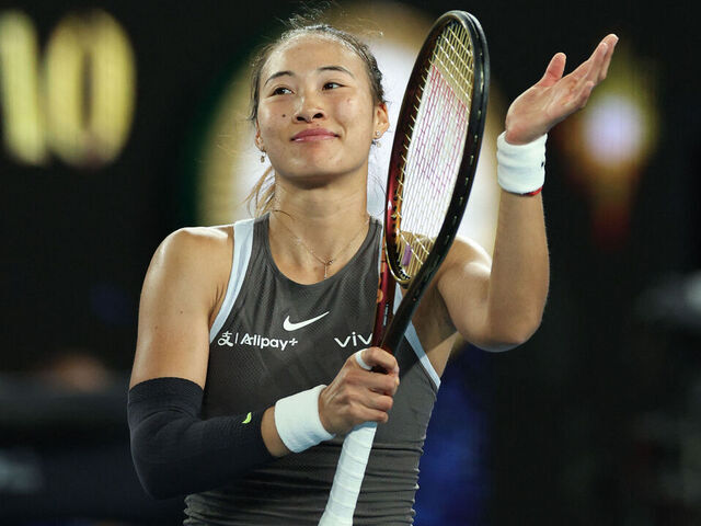 China's Zheng Qinwen celebrates after victory against Romania's Anca Todoni during their women's singles match on day one of the Australian Open tennis tournament in Melbourne on January 12, 2025.