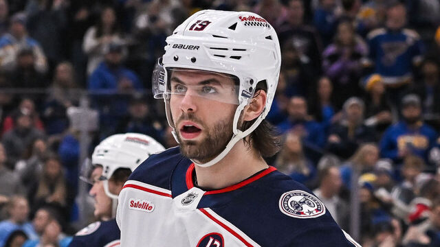 ST. LOUIS, MO - JANUARY 11: Columbus Blue Jackets center Adam Fantilli (19) during a regular season game where the St. Louis Blues hosted the Columbus Blue Jackets on Saturday January 11, 2025, at the Enterprise Center in St. Louis MO