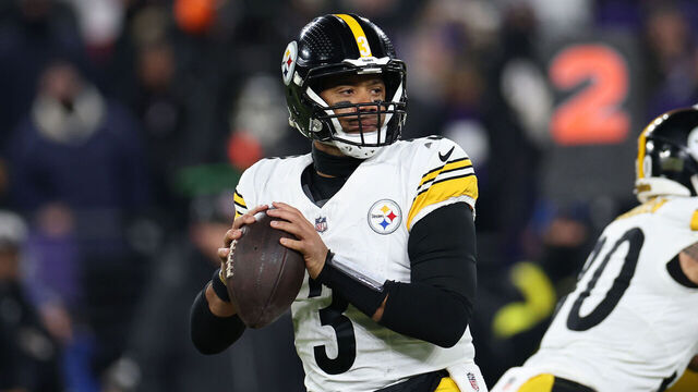 BALTIMORE, MARYLAND - JANUARY 11: Russell Wilson #3 of the Pittsburgh Steelers throws a pass against the Baltimore Ravens during the second quarter during the AFC Wild Card Playoff at M&T Bank Stadium on January 11, 2025 in Baltimore, Maryland.