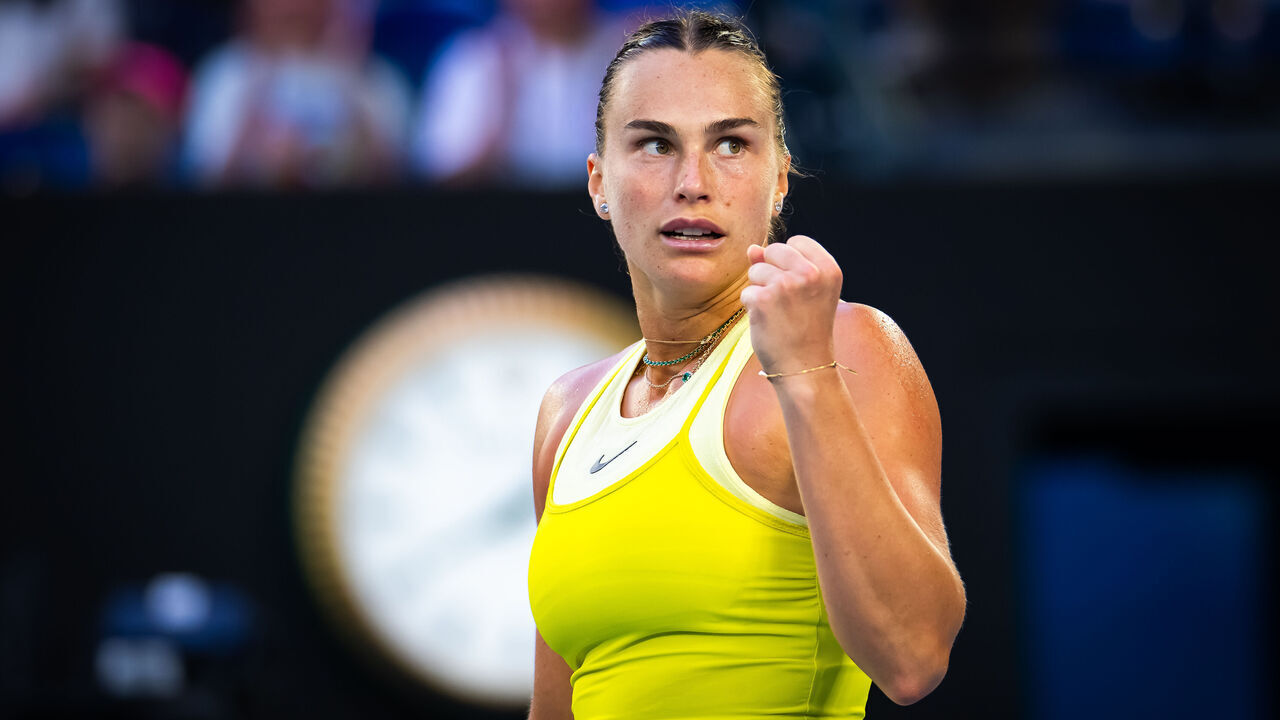 MELBOURNE, AUSTRALIA - JANUARY 12: Aryna Sabalenka of Belarus reacts while playing against Sloane Stephens of the United States during the first round on Day 1 of the 2025 Australian Open at Melbourne Park on January 12, 2025 in Melbourne, Australia