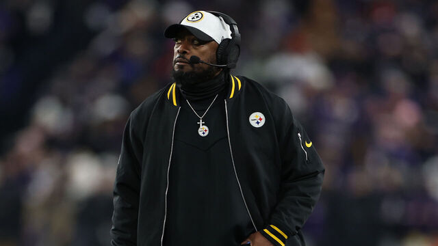 BALTIMORE, MARYLAND - JANUARY 11: Head coach Mike Tomlin of the Pittsburgh Steelers looks on during the second quarter against the Baltimore Ravens during the AFC Wild Card Playoff at M&T Bank Stadium on January 11, 2025 in Baltimore, Maryland.