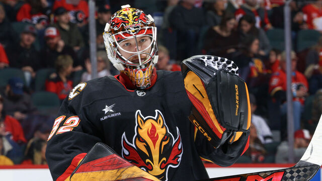 CALGARY, ALBERTA - JANUARY 11: Dustin Wolf #32 of the Calgary Flames skates against the Los Angeles Kings at the Scotiabank Saddledome on January 11, 2025 in Calgary, Alberta.