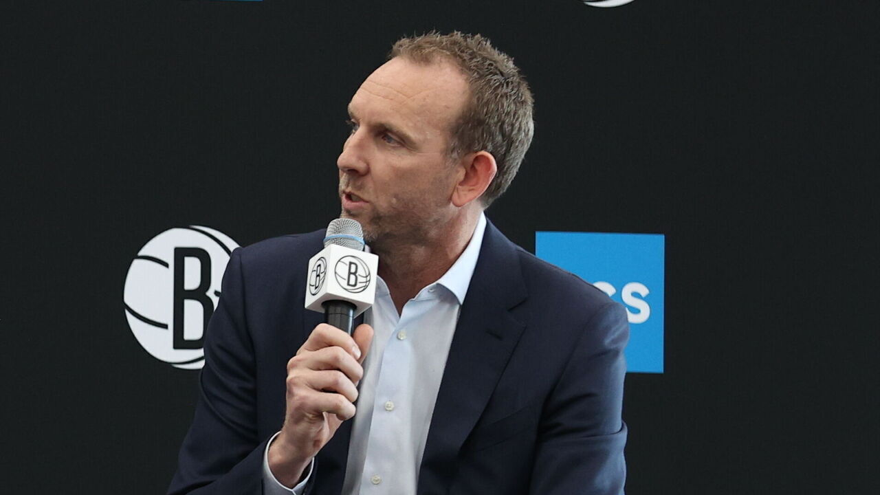 BROOKLYN, NY - APRIL 24: Alternate Governor Sean Marks of the Brooklyn Nets speaks while Jordi Fernandez is introduced as Brooklyn Nets new head coach during a press conference on April 24, 2024 at the Nets Training Center in Brooklyn, New York. Mandatory Copyright Notice: Copyright 2024 NBAE